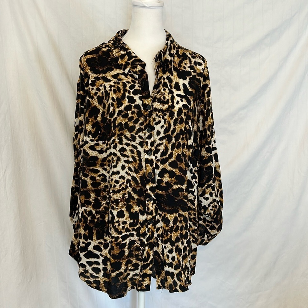 Fred David Animal Print Button Up Blouse Sz 2X